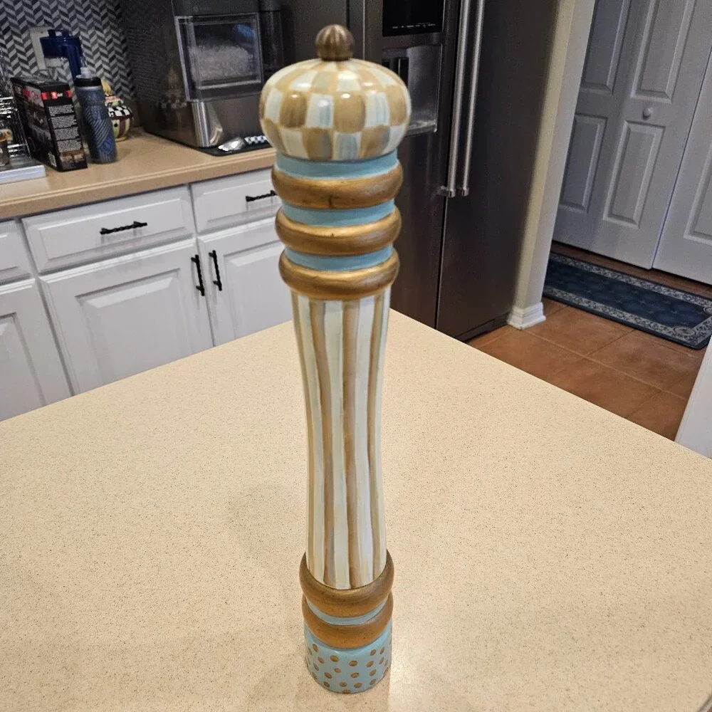 RARE RETIRED MACKENZIE CHILDS TALL PARCHMENT CHECK WOOD SALT PEPPER MILL GRINDER